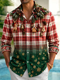 Oceanlyte Men's Long Sleeve Shirt - Christmas Plaid With Pine Branches And Ornaments Print with Chest Pocket