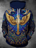 Oceanlyte Men's Long Sleeve Hoodie - Golden Cross With Wings And Stained Glass Background Print