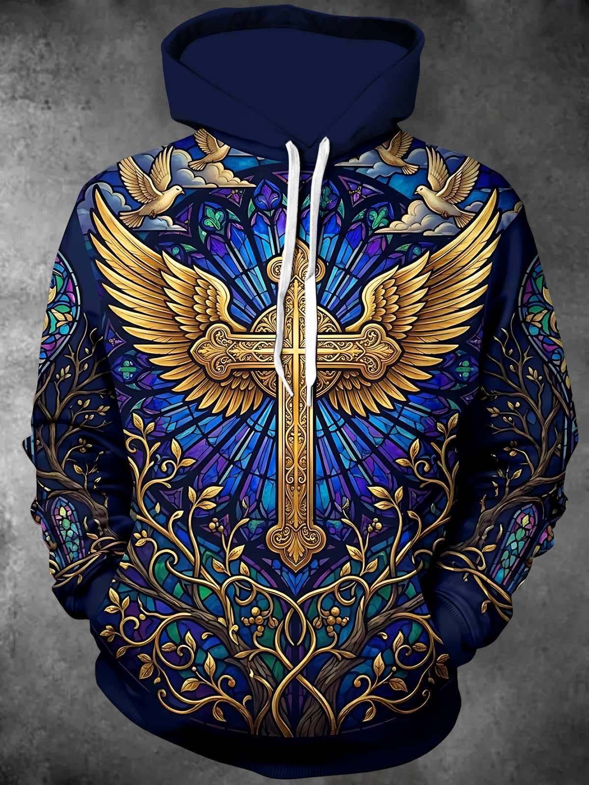 Oceanlyte Men's Long Sleeve Hoodie - Golden Cross With Wings And Stained Glass Background Print