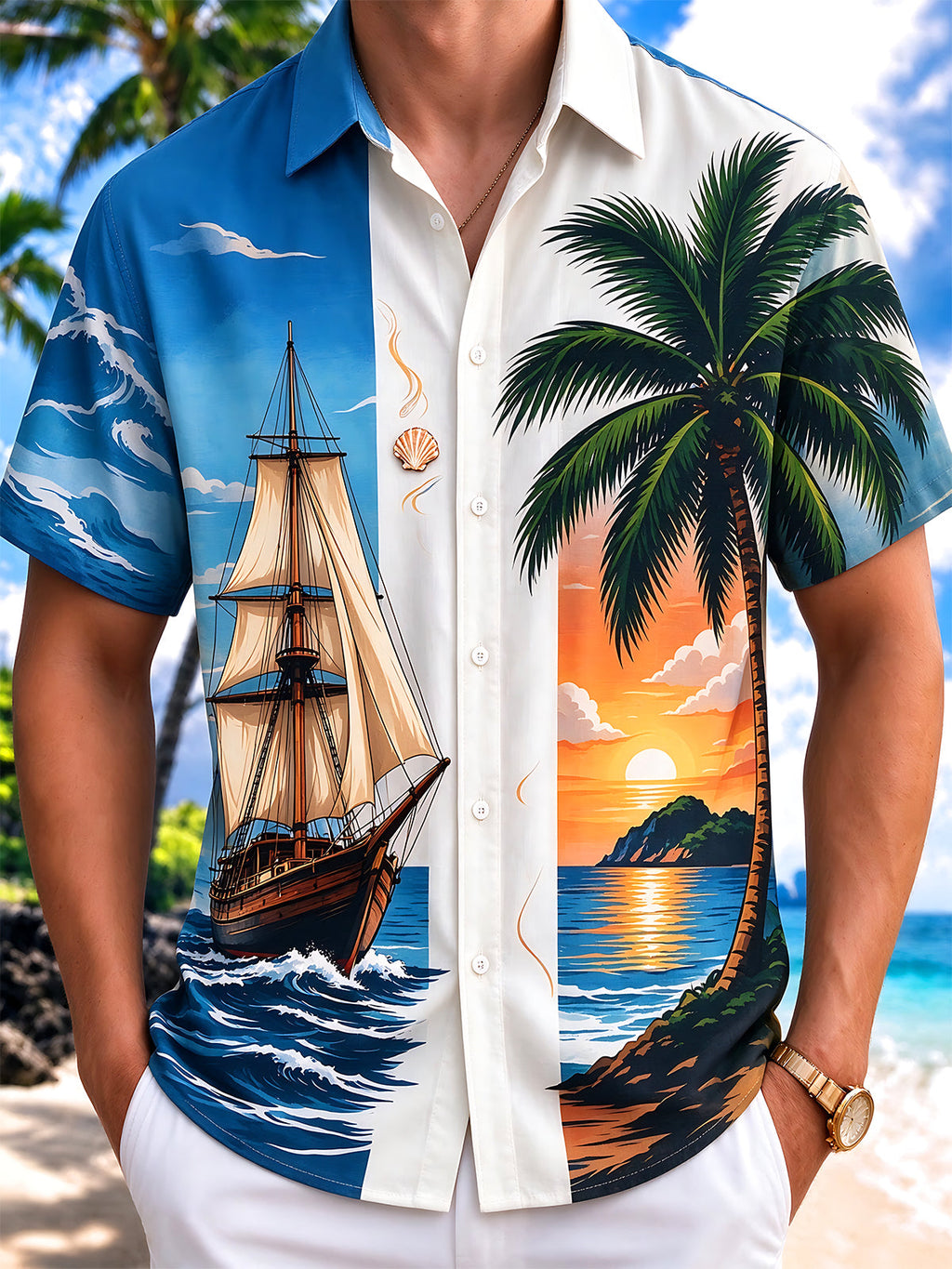 Oceanlyte Men's Sailing Ship And Palm Tree Sunset Print Short Sleeve Shirt with Chest Pocket
