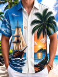 Oceanlyte Men's Sailing Ship And Palm Tree Sunset Print Short Sleeve Shirt with Chest Pocket
