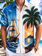 Oceanlyte Men's Sailing Ship And Palm Tree Sunset Print Short Sleeve Shirt with Chest Pocket