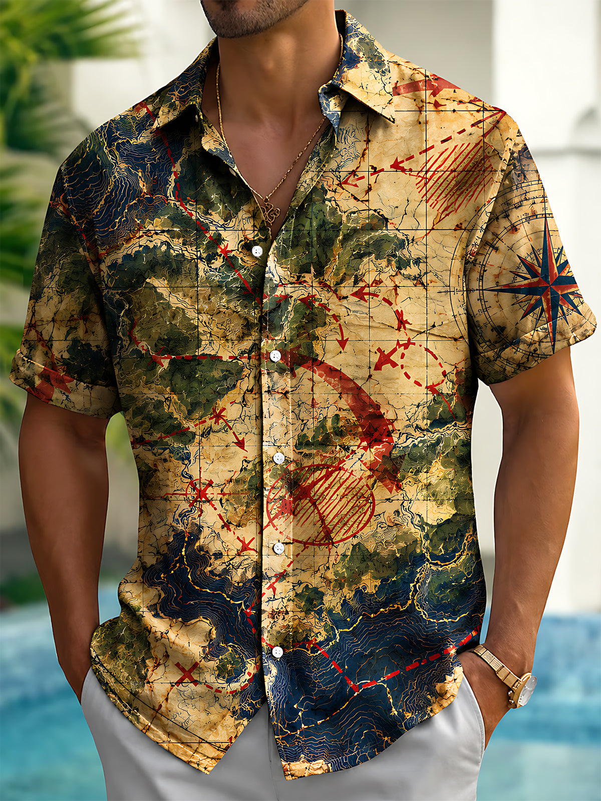 Oceanlyte Men's Short Sleeve Shirt - The "Overlord Cartography" Vintage Map With Compass Rose And Topography Print with Chest Pocket