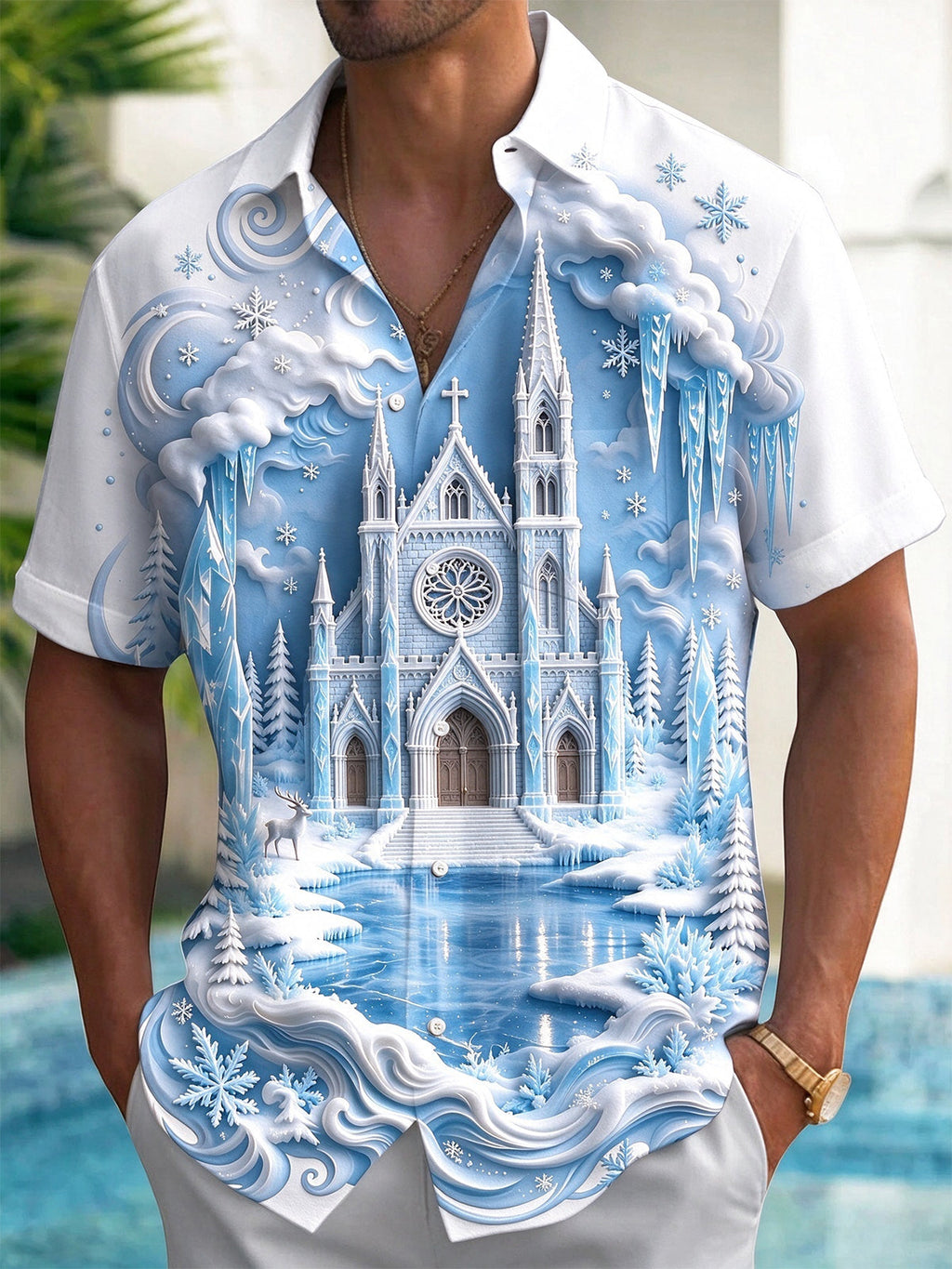 Oceanlyte Men's Graphic Ice Castle And Winter Landscape Print Short Sleeve Shirt with Chest Pocket