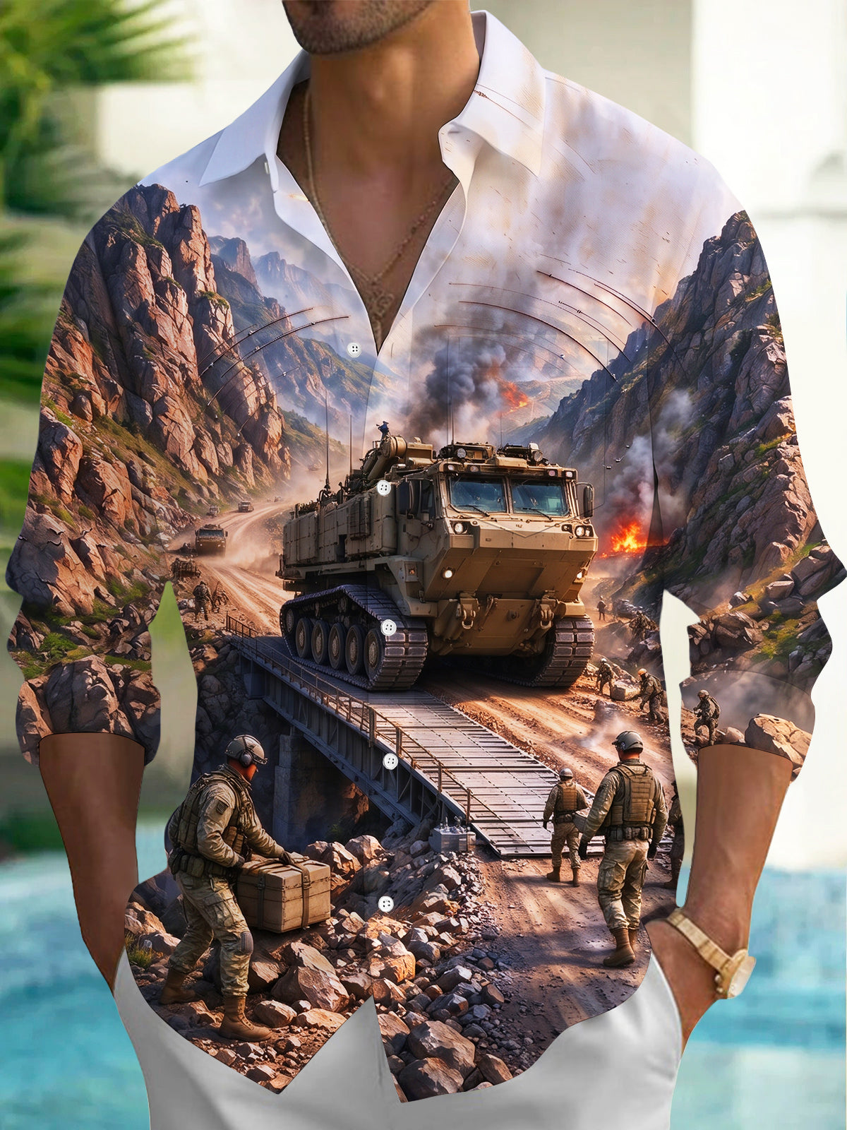 The "Mountain Pass Logistics" Oceanlyte Men's Long Sleeve Shirt - Military Combat Scene With Armored Vehicle And Soldiers Print with Chest Pocket