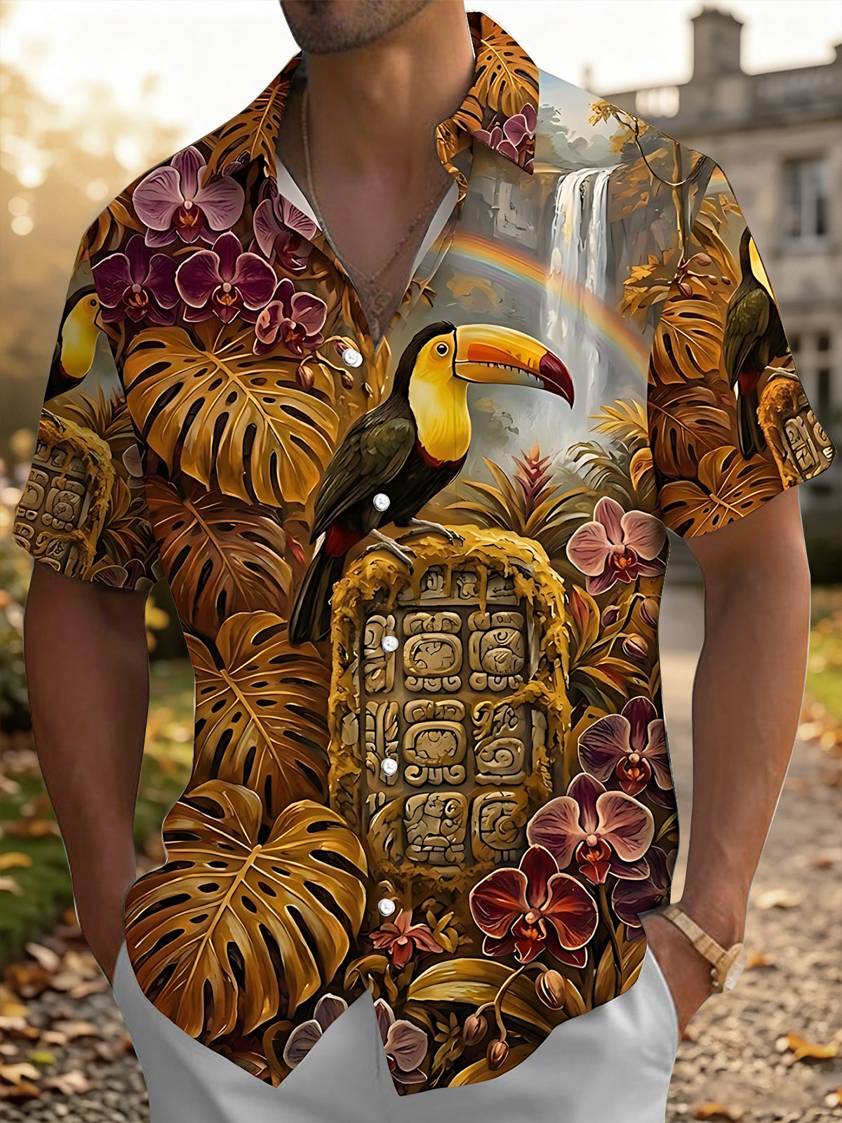 Oceanlyte Men's Hawaiian Toucan And Tropical Foliage Print Short Sleeve Shirt with Chest Pocket