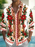 Oceanlyte Men's Long Sleeve Shirt - Poinsettia And Holly With Christmas Ornaments Print with Chest Pocket