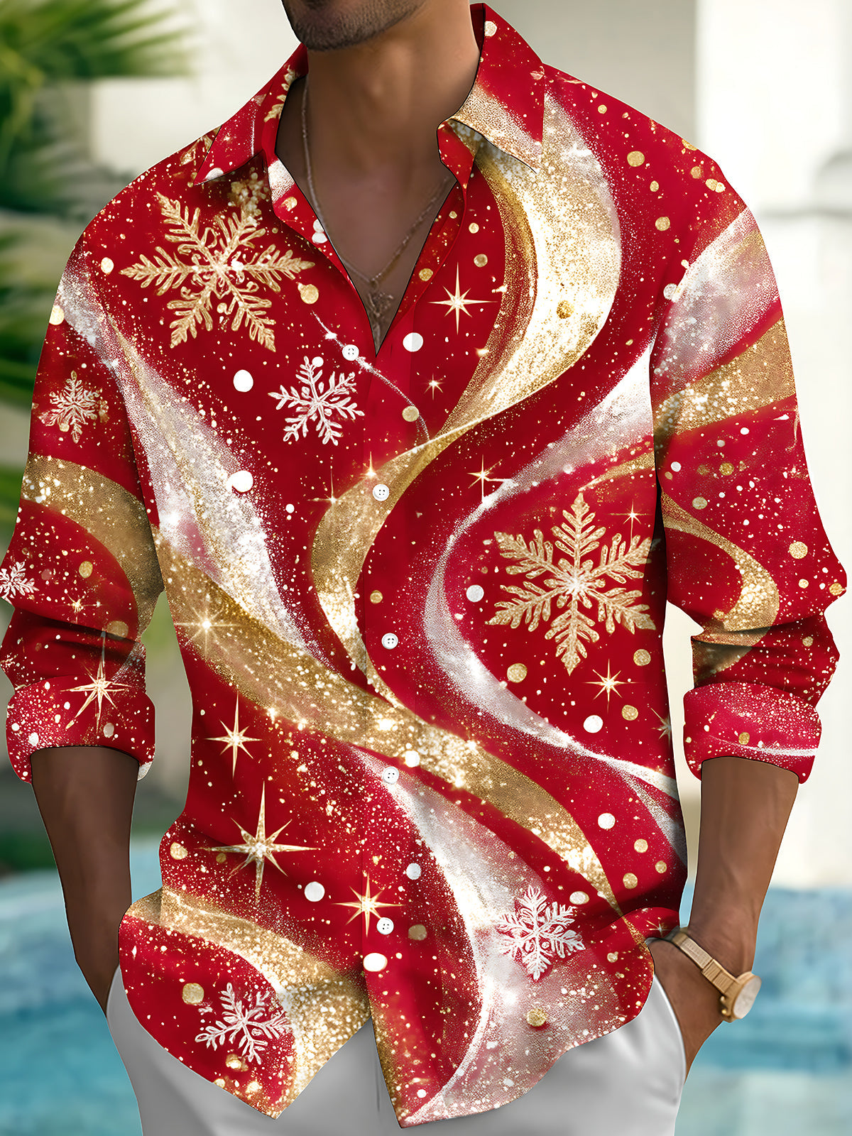 Men's Abstract Snowflakes And Gold Swirls Print Long Sleeve Shirt with Chest Pocket