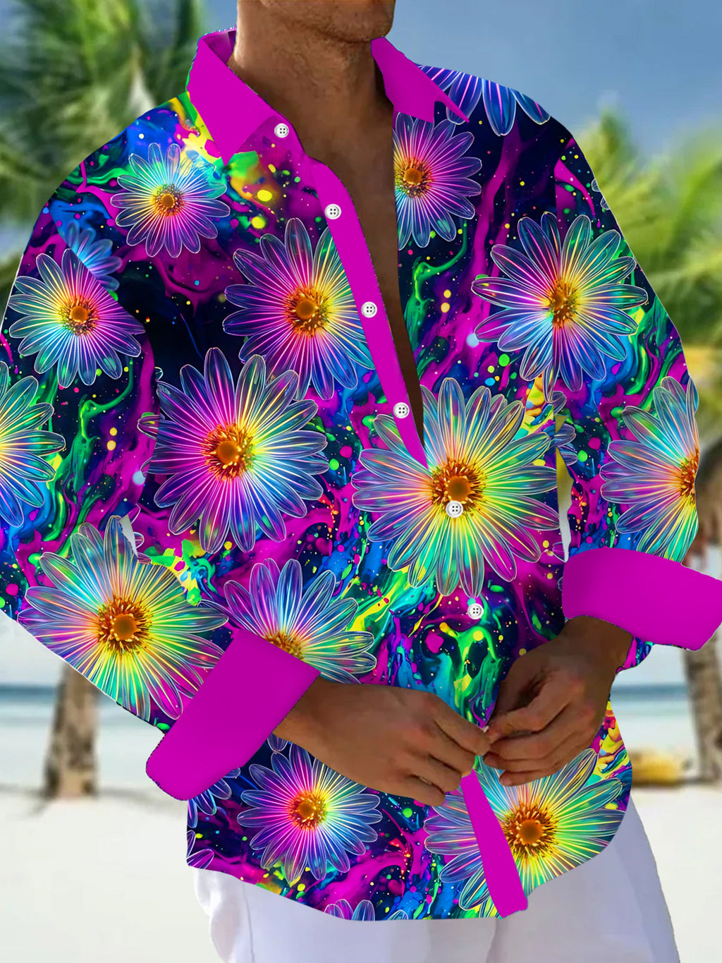 Oceanlyte Men's Hawaiian Neon Daisy Flowers Print Long Sleeve Shirt with Chest Pocket