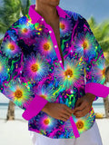 Oceanlyte Men's Hawaiian Neon Daisy Flowers Print Long Sleeve Shirt with Chest Pocket