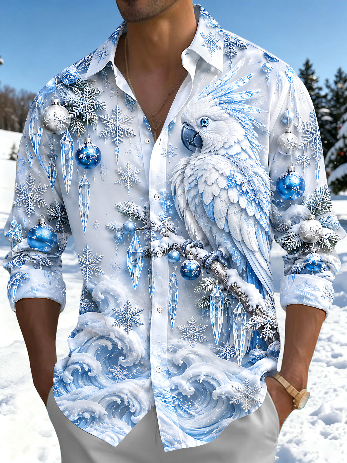 Oceanlyte Men's Graphic Winter Snowflake Parrot Print Long Sleeve Shirt with Chest Pocket