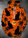 Oceanlyte Men's Halloween Black Cats And Palm Trees Print Long Sleeve Hoodie
