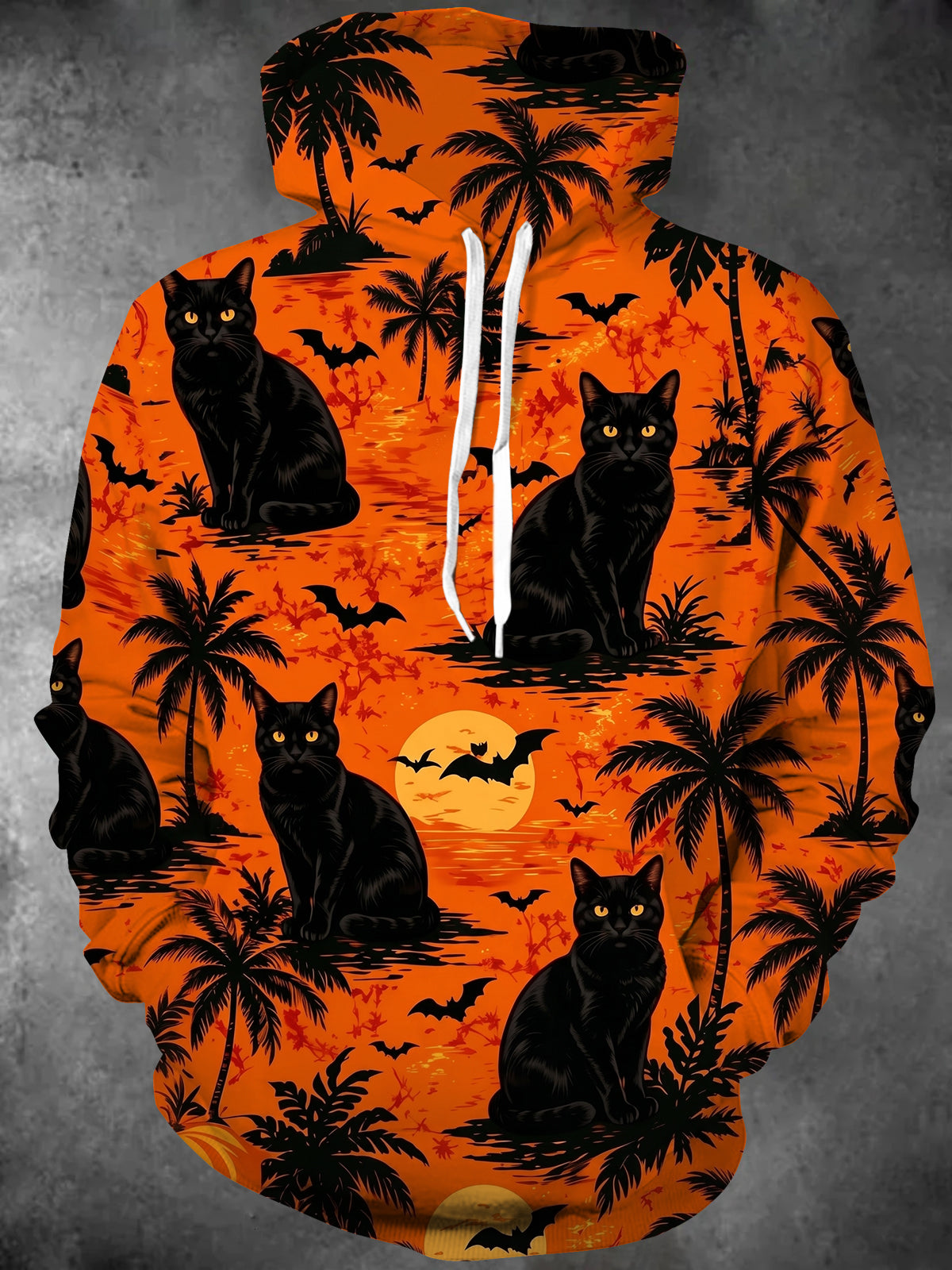 Oceanlyte Men's Halloween Black Cats And Palm Trees Print Long Sleeve Hoodie