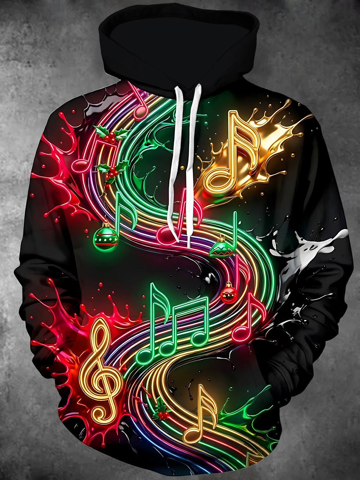 Oceanlyte Men's Long Sleeve Hoodie - Neon Musical Notes And Christmas Ornaments Print