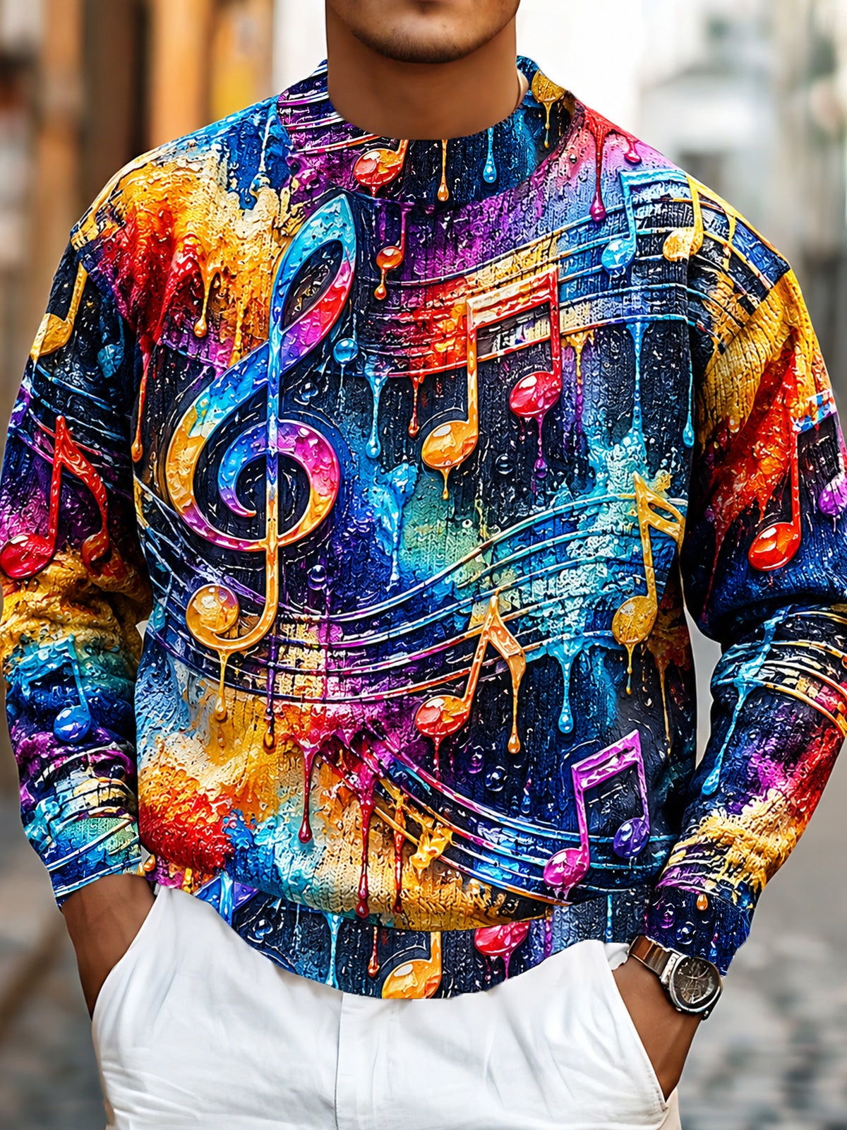 Oceanlyte Men's Long Sleeve Sweater - Colorful Music Notes And Treble Clef With Drip Effect Print
