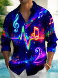 Oceanlyte Men's Neon Music Notes And Heartbeat Line Print Long Sleeve Shirt with Chest Pocket