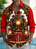 Oceanlyte Men's Long Sleeve Shirt - Vintage Steam Train With Christmas Ornaments And Pine Branches Print with Chest Pocket
