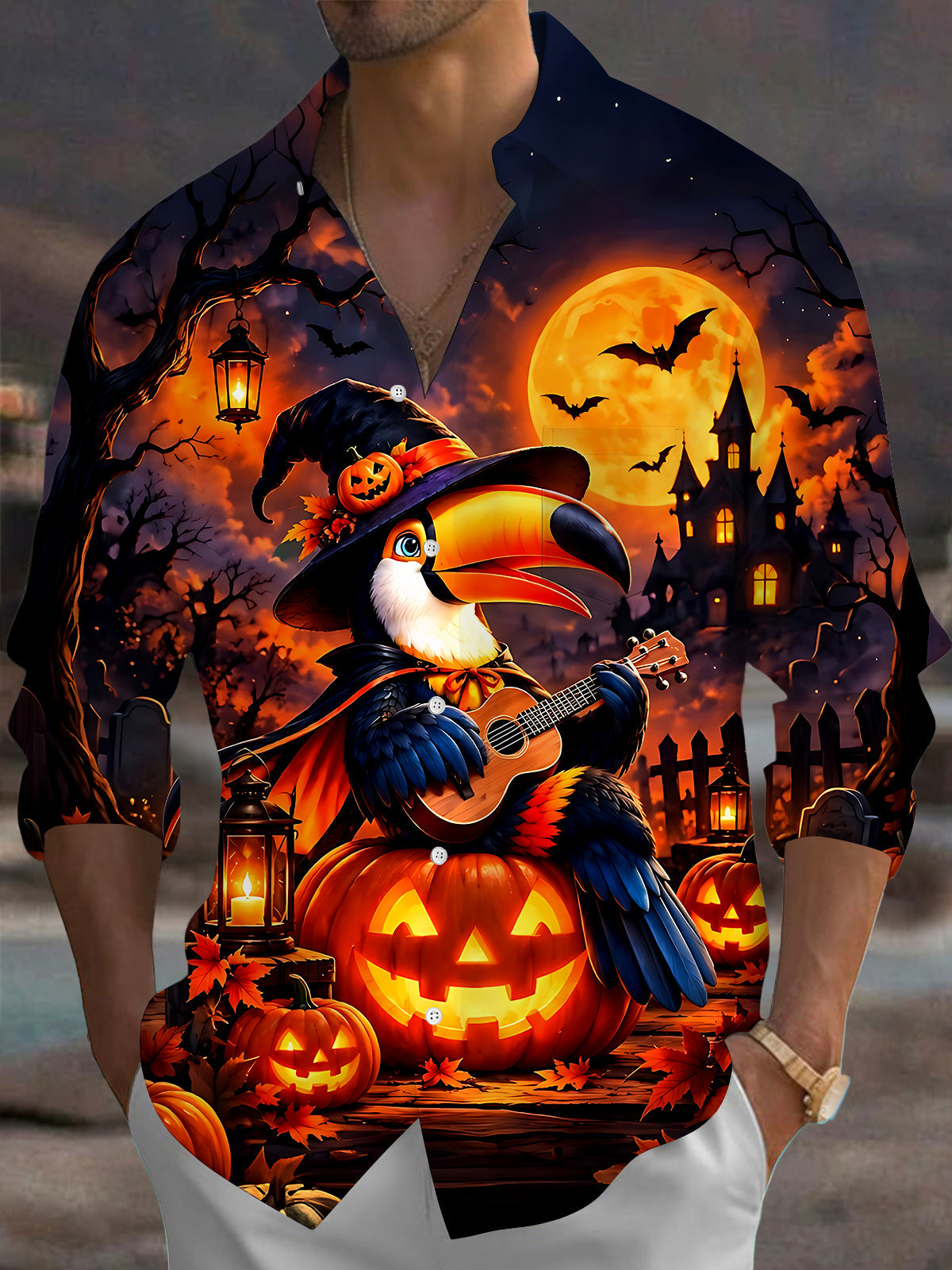 Oceanlyte Men's Graphic Halloween Toucan Print Long Sleeve Shirt with Chest Pocket