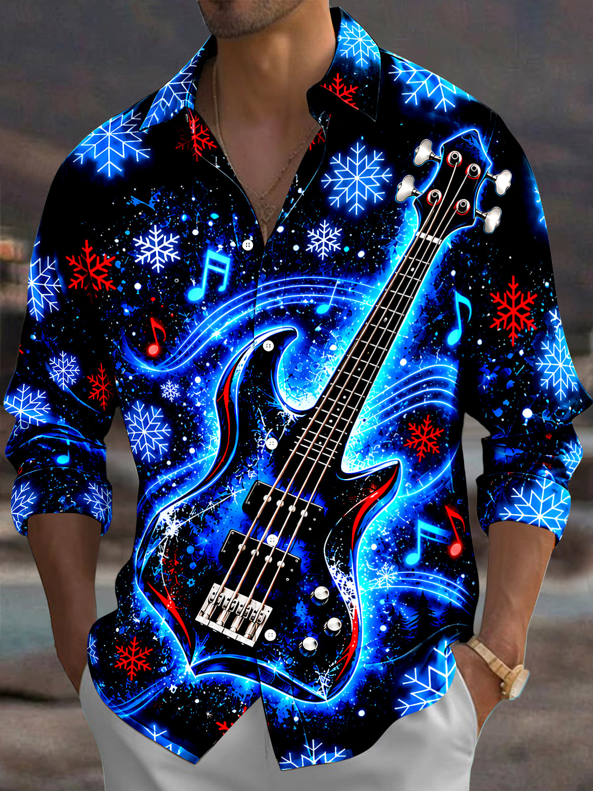 Oceanlyte Men's Graphic Electric Blue Bass Guitar Print Long Sleeve Shirt with Chest Pocket