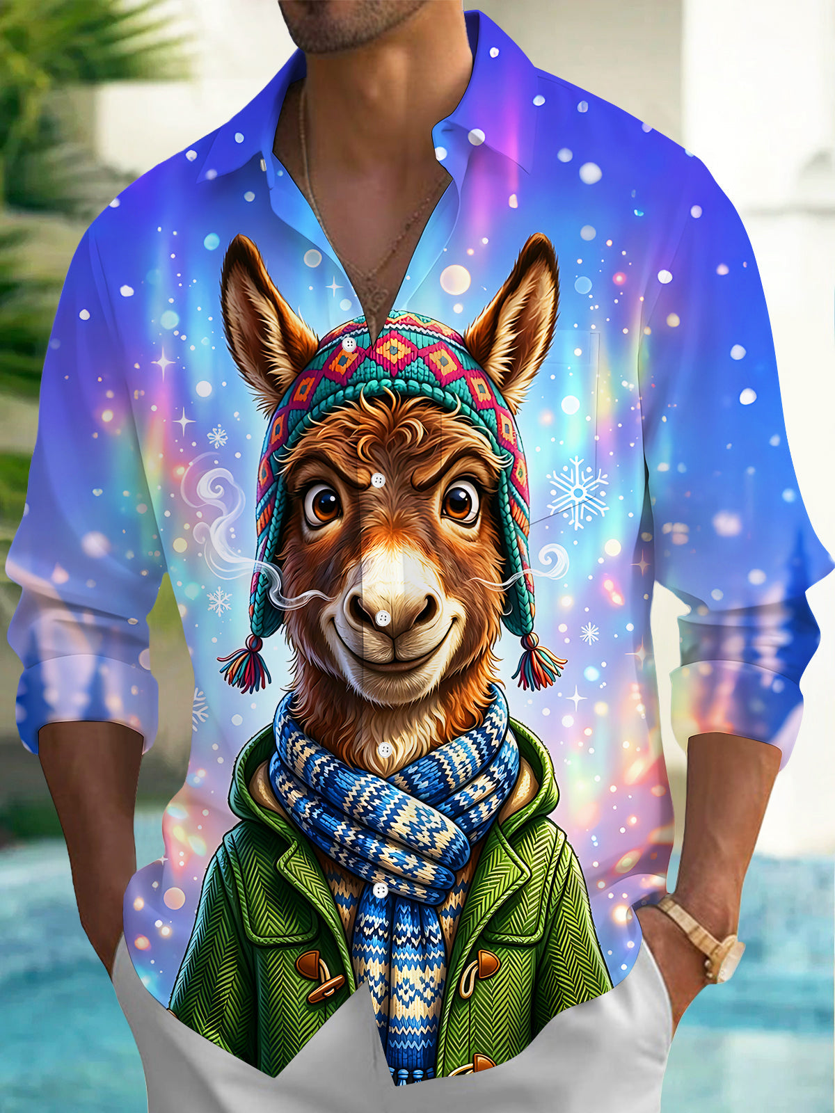 Oceanlyte Men's Graphic Donkey Character Print Long Sleeve Shirt with Chest Pocket