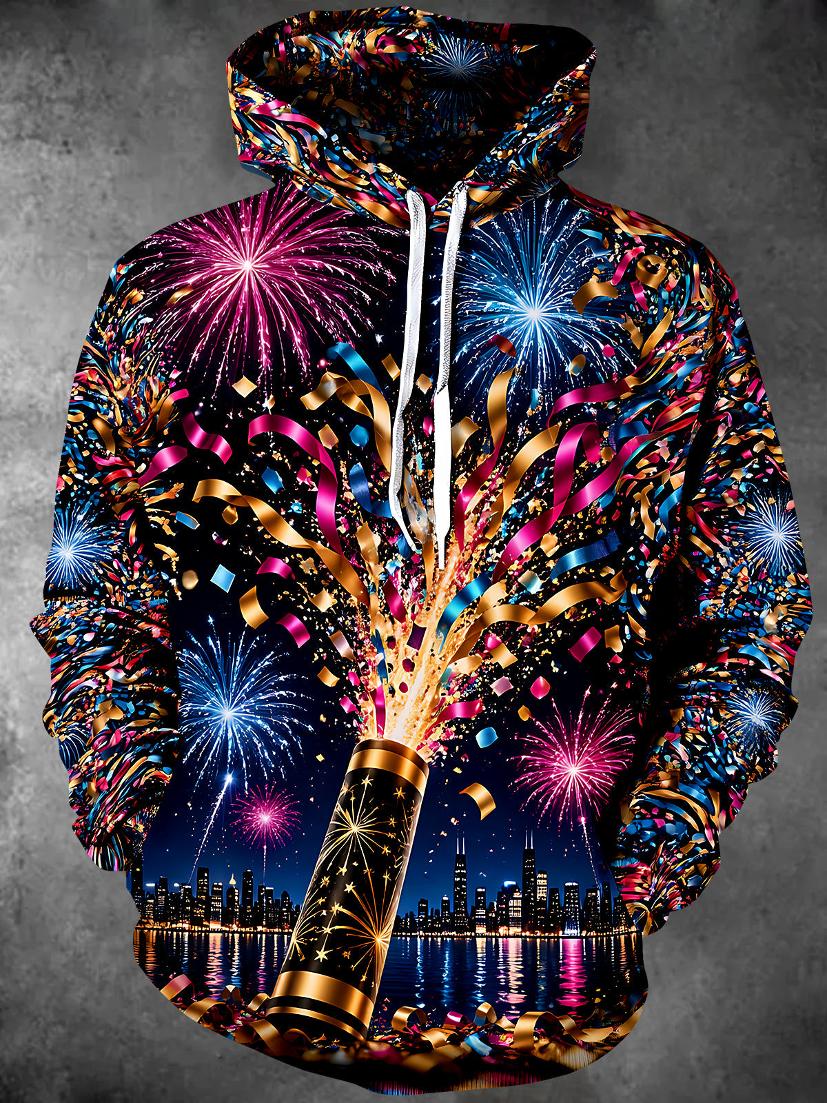 Oceanlyte Men's Graphic New Year Fireworks And Confetti Print Long Sleeve Hoodie