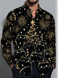 Oceanlyte Men's Long Sleeve Shirt - Black Cats And Christmas Tree With Fireworks Print with Chest Pocket