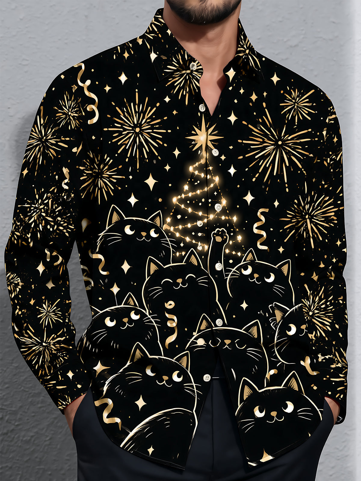 Oceanlyte Men's Long Sleeve Shirt - Black Cats And Christmas Tree With Fireworks Print with Chest Pocket