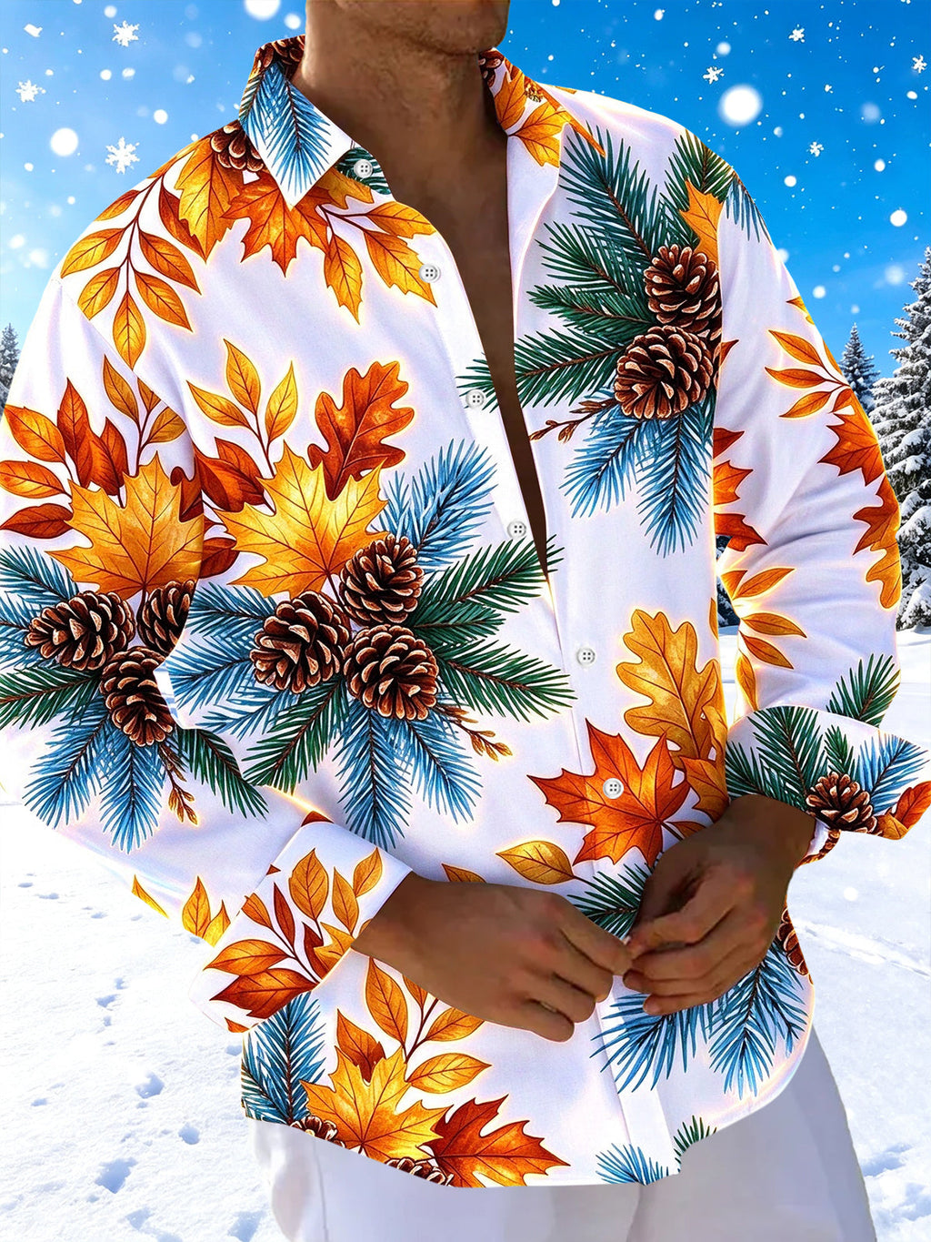 Oceanlyte Men's Long Sleeve Shirt - Autumn Maple Leaves And Winter Pine Cones With Pine Needles Print with Chest Pocket