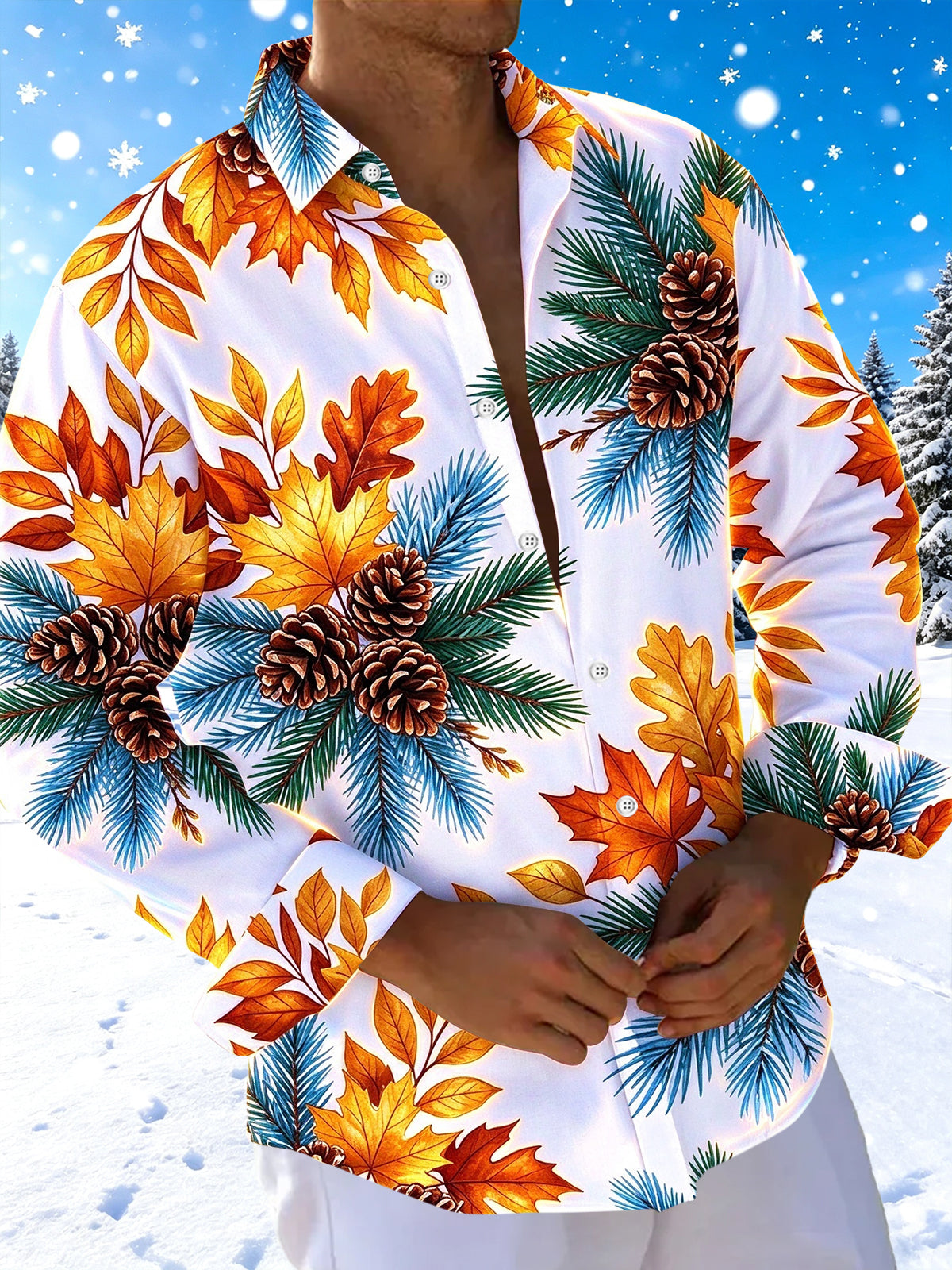 Oceanlyte Men's Long Sleeve Shirt - Autumn Maple Leaves And Winter Pine Cones With Pine Needles Print with Chest Pocket