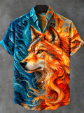 Oceanlyte Men's Wolf Head With Fire And Water Swirls Print Short Sleeve Shirt with Chest Pocket
