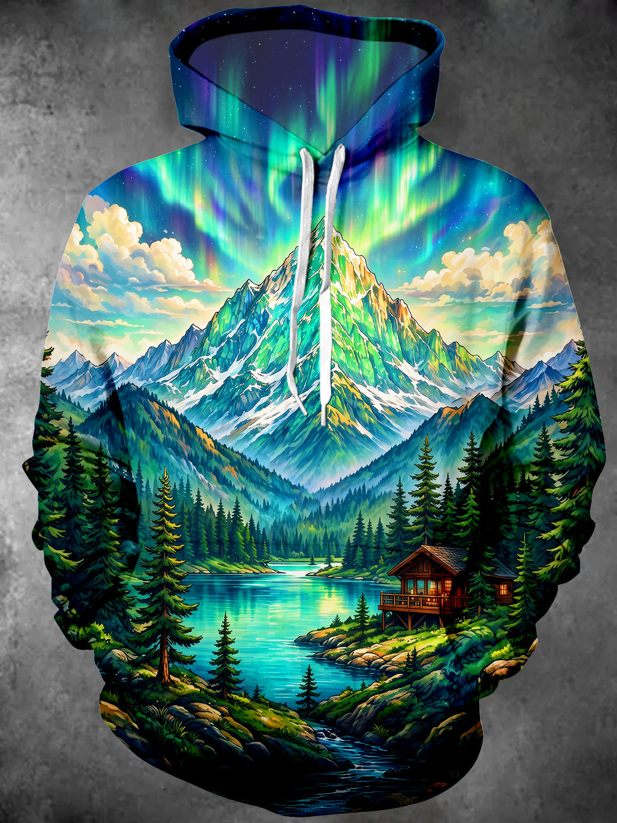 Oceanlyte Men's Aurora Borealis Mountain Landscape Print Long Sleeve Hoodie