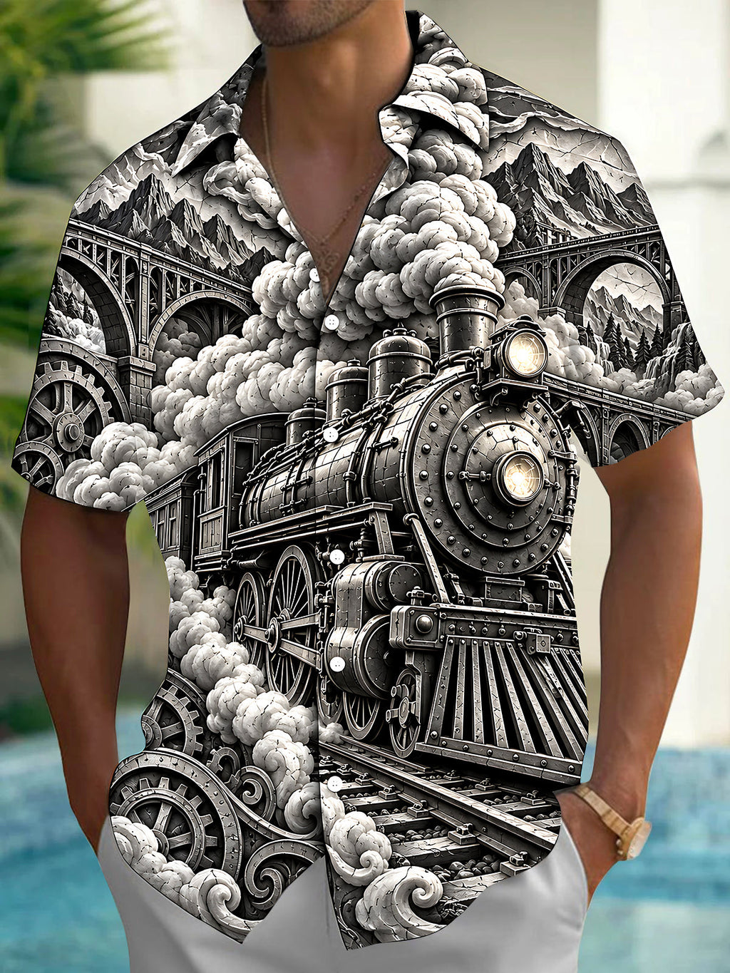 Oceanlyte Men's Vintage Steam Train And Gears Print Short Sleeve Shirt with Chest Pocket