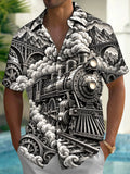 Oceanlyte Men's Vintage Steam Train And Gears Print Short Sleeve Shirt with Chest Pocket