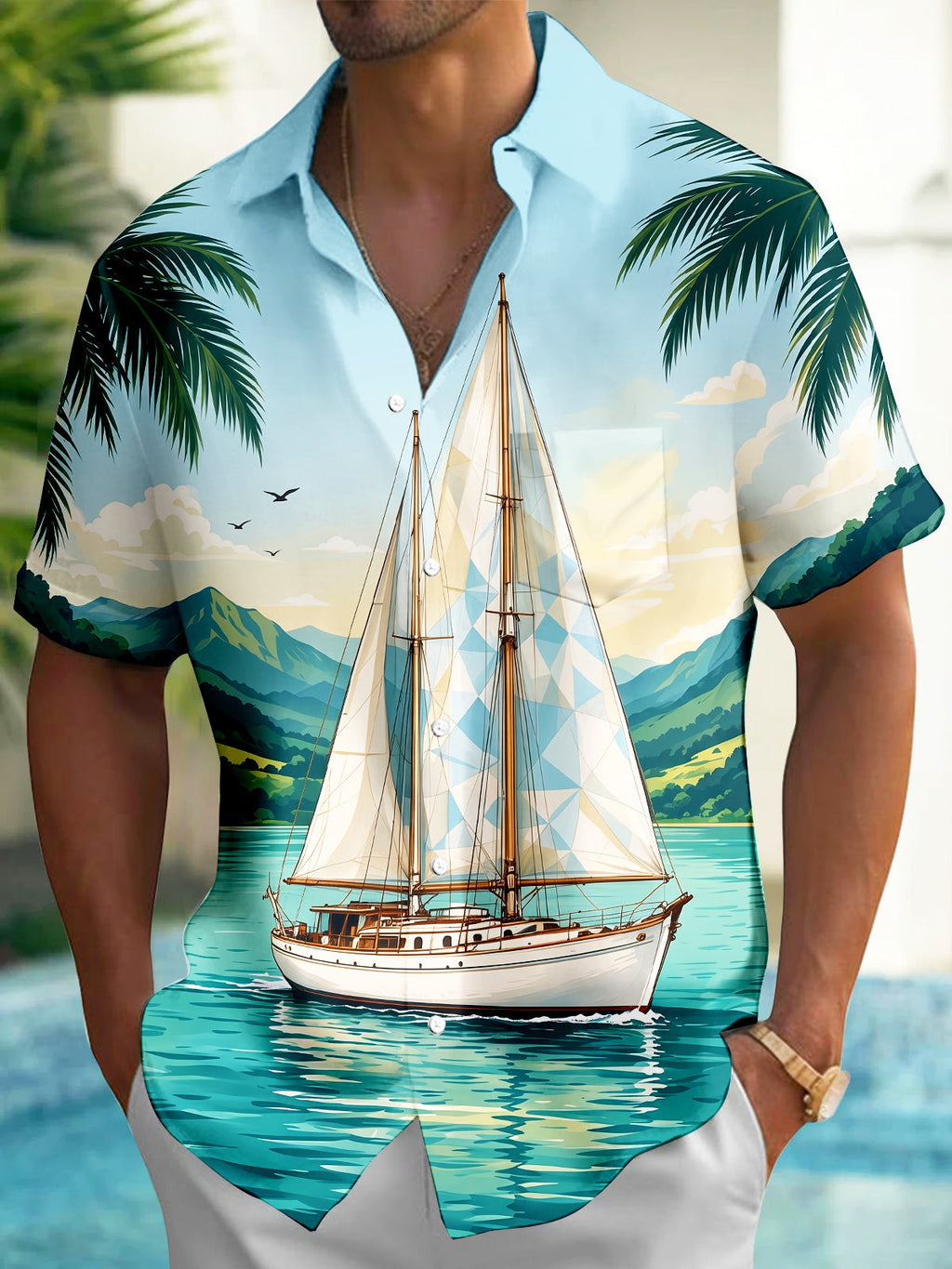 Oceanlyte Men's Short Sleeve Shirt - Sailboat On Water With Palm Trees And Mountains Print with Chest Pocket
