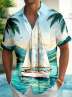 Oceanlyte Men's Short Sleeve Shirt - Sailboat On Water With Palm Trees And Mountains Print with Chest Pocket
