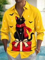 Oceanlyte Men's Long Sleeve Shirt - Halloween Black Cat With Red Scarf On Gift Box Print with Chest Pocket
