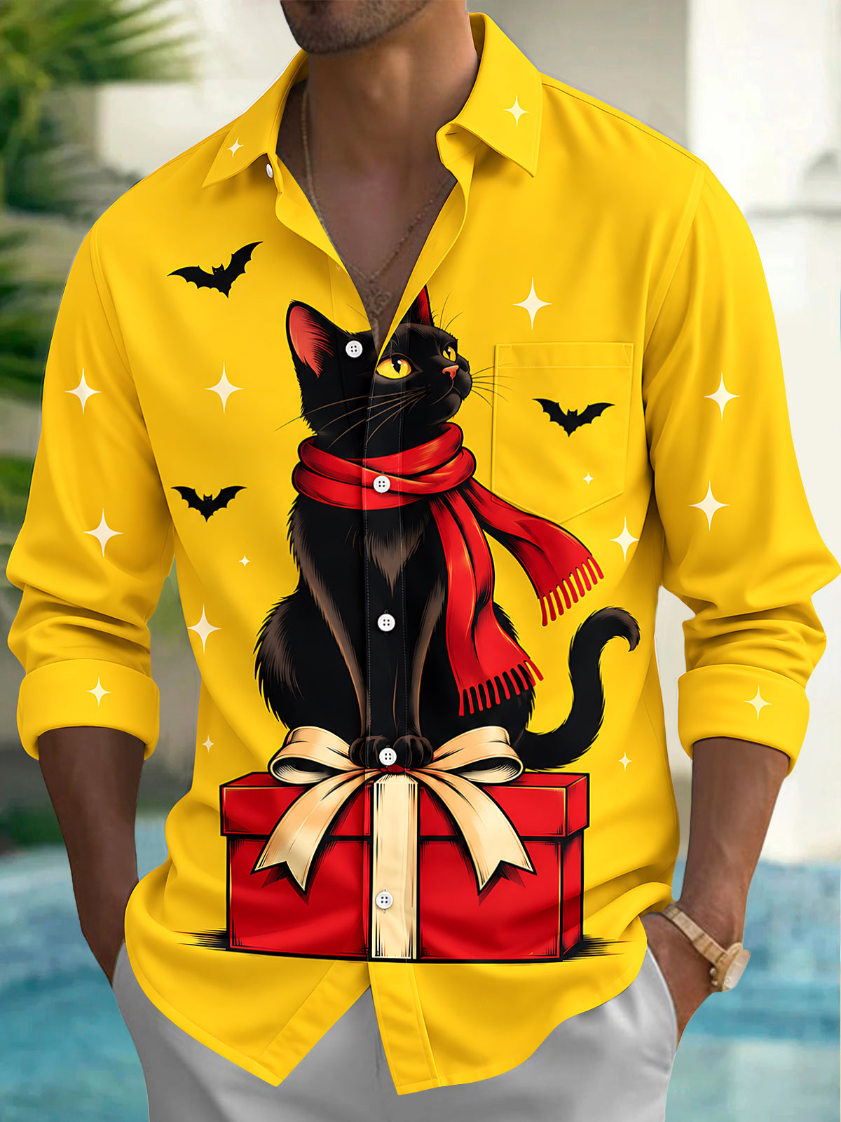 Oceanlyte Men's Long Sleeve Shirt - Halloween Black Cat With Red Scarf On Gift Box Print with Chest Pocket