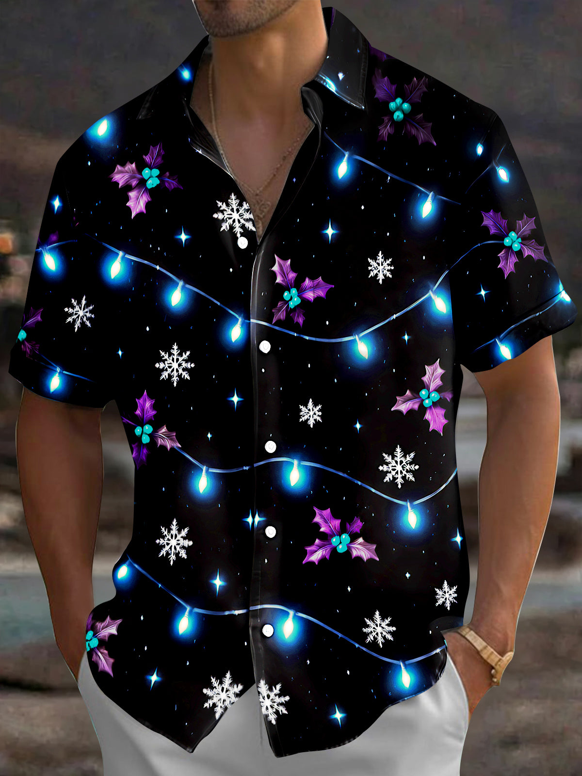 Oceanlyte Men's Short Sleeve Shirt - Christmas Light Strings And Holly Leaves Print with Chest Pocket