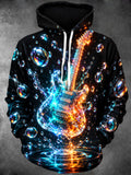 Oceanlyte Men's Long Sleeve Hoodie - Electric Guitar With Water And Fire Effects Print