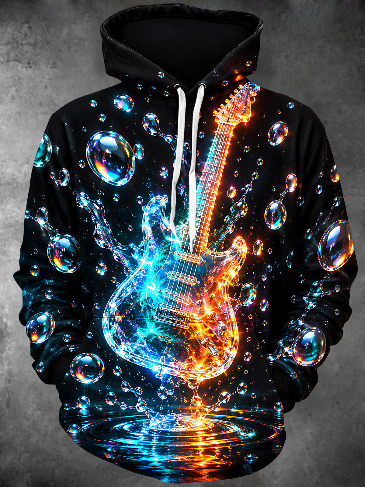 Oceanlyte Men's Long Sleeve Hoodie - Electric Guitar With Water And Fire Effects Print