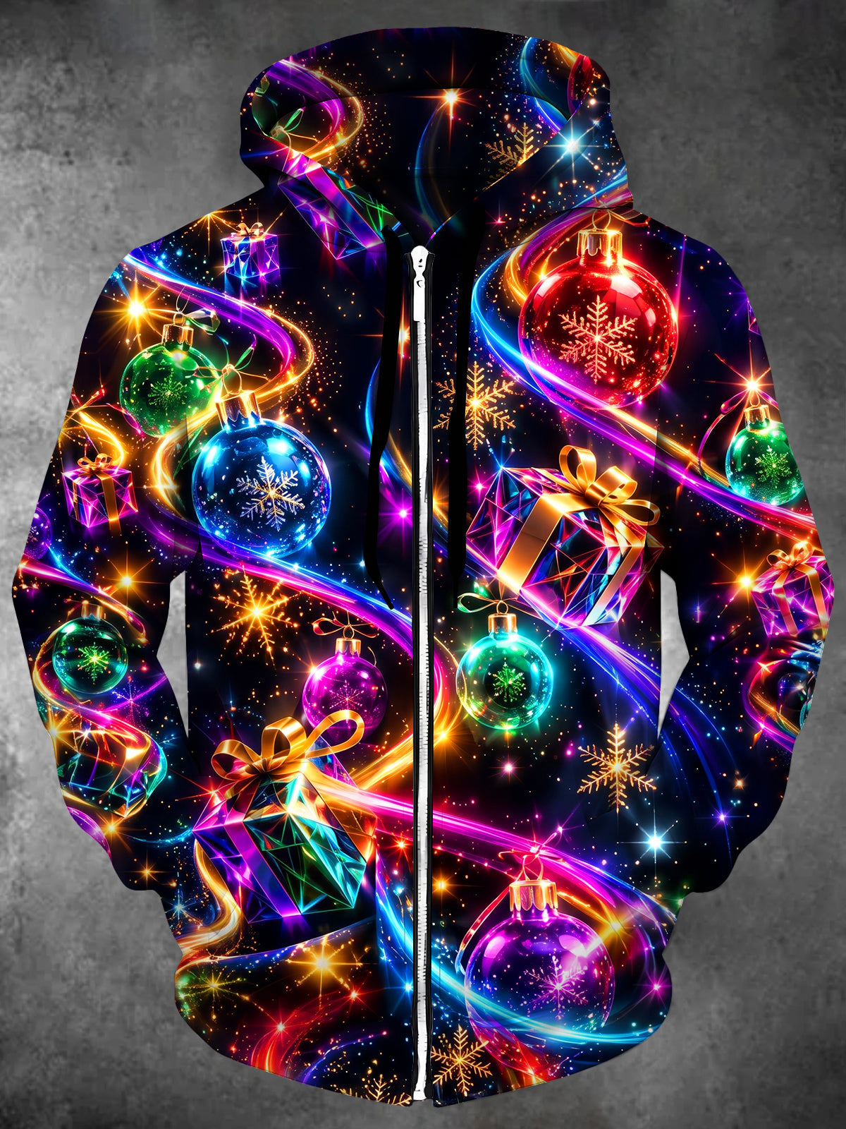 Oceanlyte Men's Long Sleeve Zip-Up Hoodie - Neon Christmas Ornaments And Gifts Print with Kangaroo Pocket