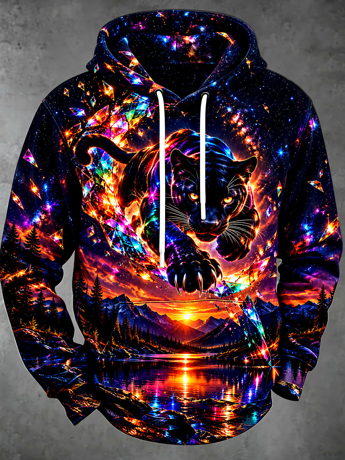 Oceanlyte Men's Graphic Neon Panther And Crystal Shards Print Long Sleeve Hoodie