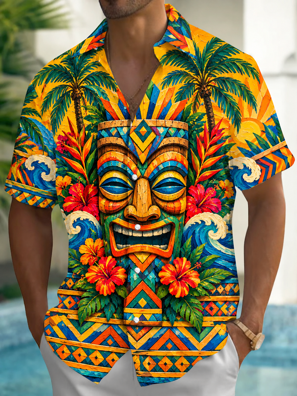 Oceanlyte Men's Hawaiian Tiki Totem Mask Print Short Sleeve Shirt with Chest Pocket