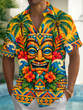 Oceanlyte Men's Hawaiian Tiki Totem Mask Print Short Sleeve Shirt with Chest Pocket