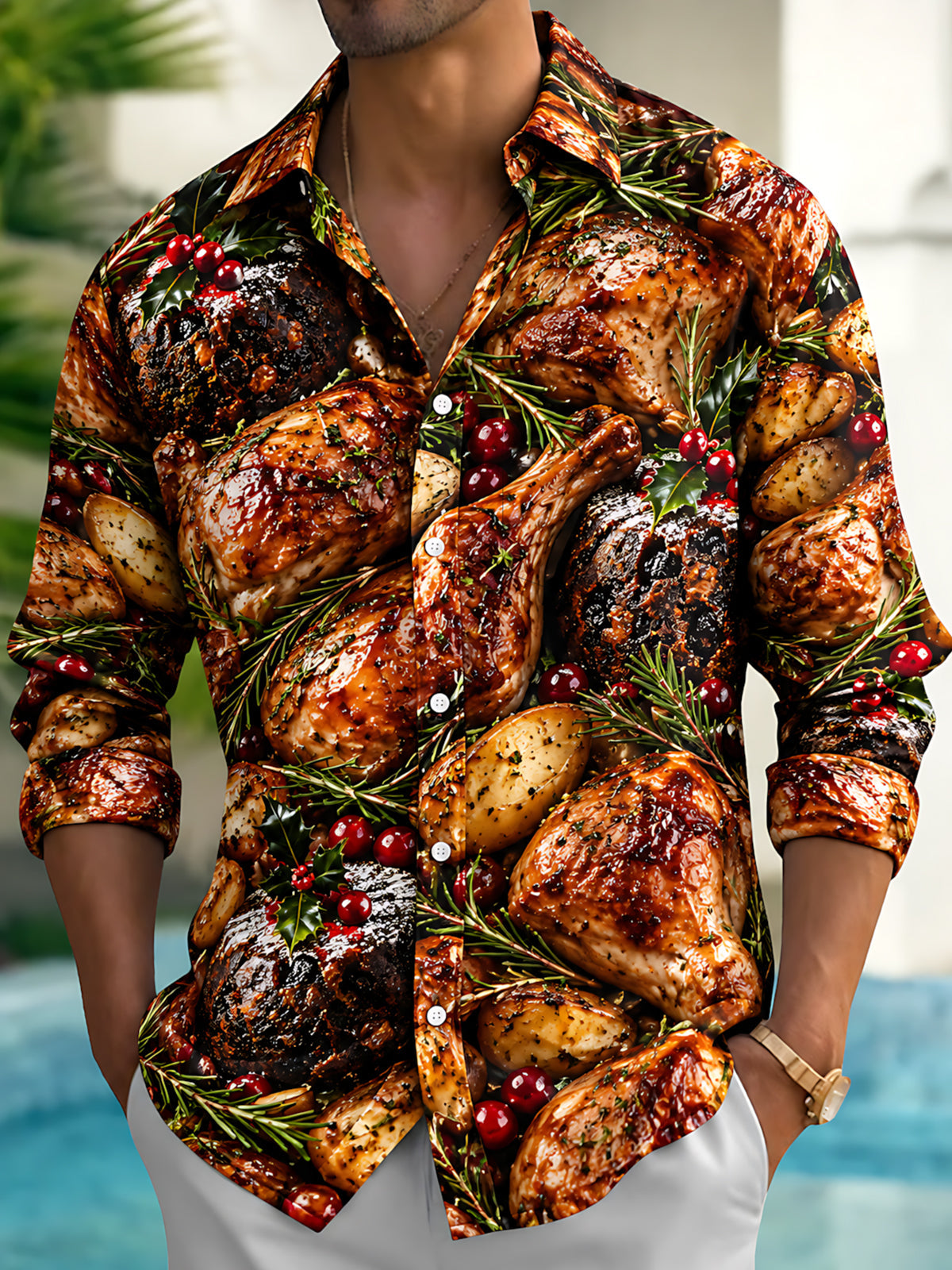 Oceanlyte Men's Long Sleeve Shirt - Christmas Roast Turkey And Cranberries With Rosemary Print with Chest Pocket