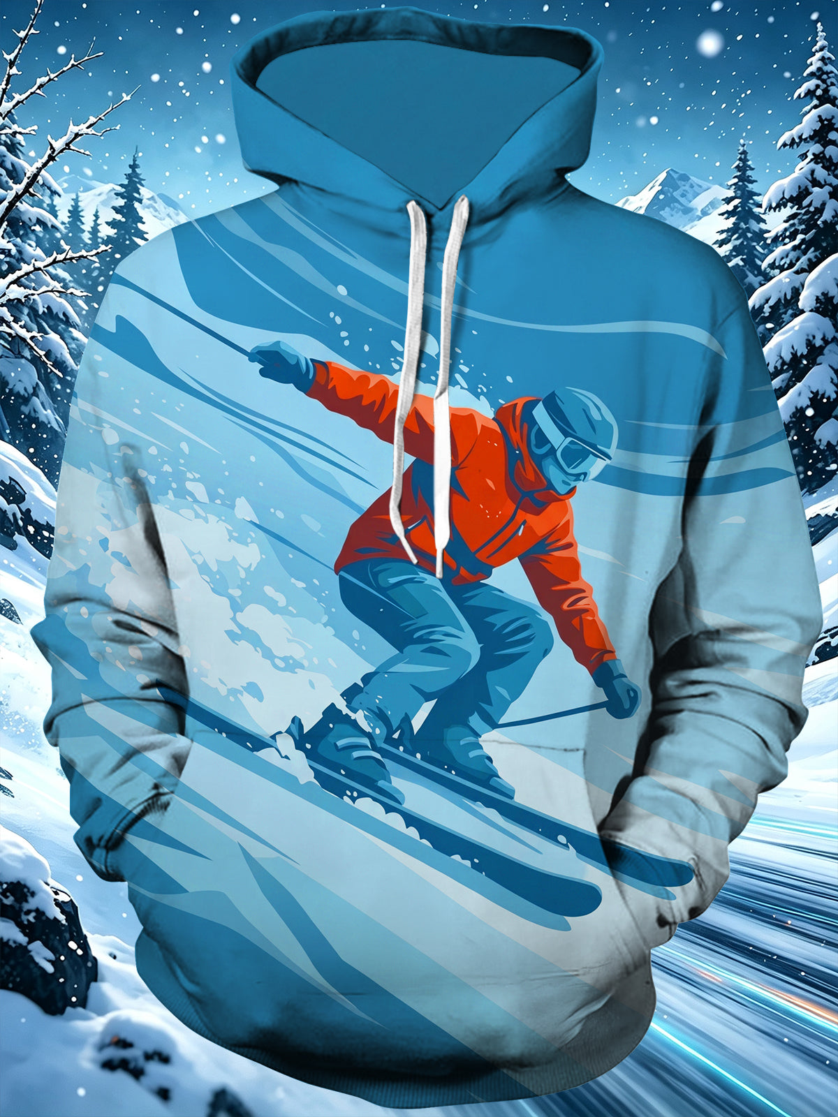 Oceanlyte Men's Graphic Mountain Skier Illustration Print Long Sleeve Hoodie
