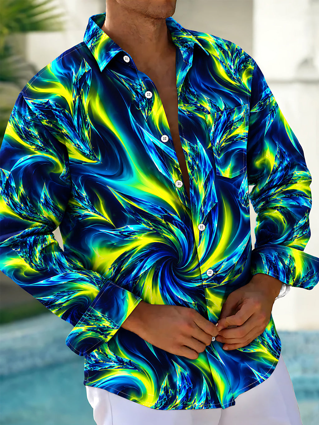 Oceanlyte Men's Printed Abstract Swirling Fluid Pattern Long Sleeve Shirt with Chest Pocket