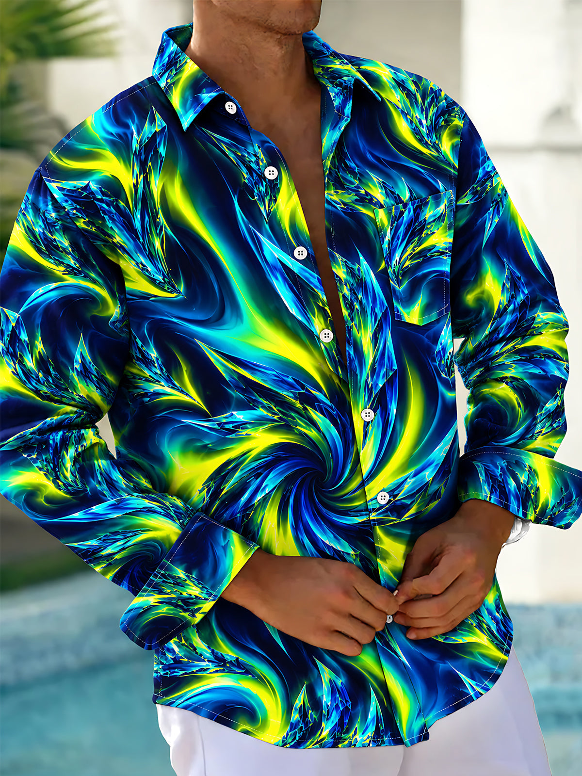 Oceanlyte Men's Printed Abstract Swirling Fluid Pattern Long Sleeve Shirt with Chest Pocket