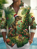 Oceanlyte Men's Hawaiian Dinosaur Christmas Tree Print Long Sleeve Shirt with Chest Pocket