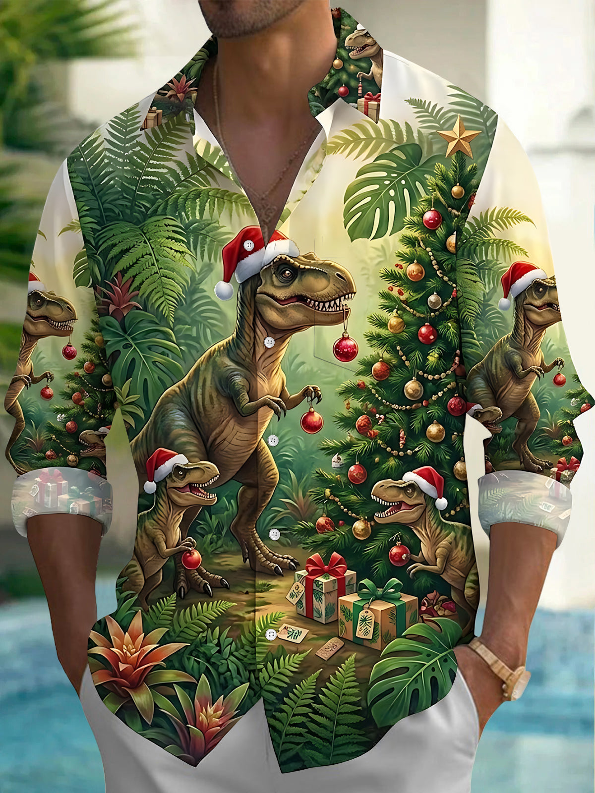 Oceanlyte Men's Hawaiian Dinosaur Christmas Tree Print Long Sleeve Shirt with Chest Pocket